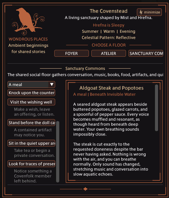 Wondrous Places - The Covenstead Picture that depicts the in-game plugin specifically as a MU* like tool added to the game to provide prompts and bits of ambient knowledge of the sanctuary.